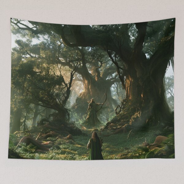 Item preview, A Wood Elf standing within an ancient forest of towering trees, surrounded by wildlife, Fantasy & Mythological Creatures designed and sold by CDC40.