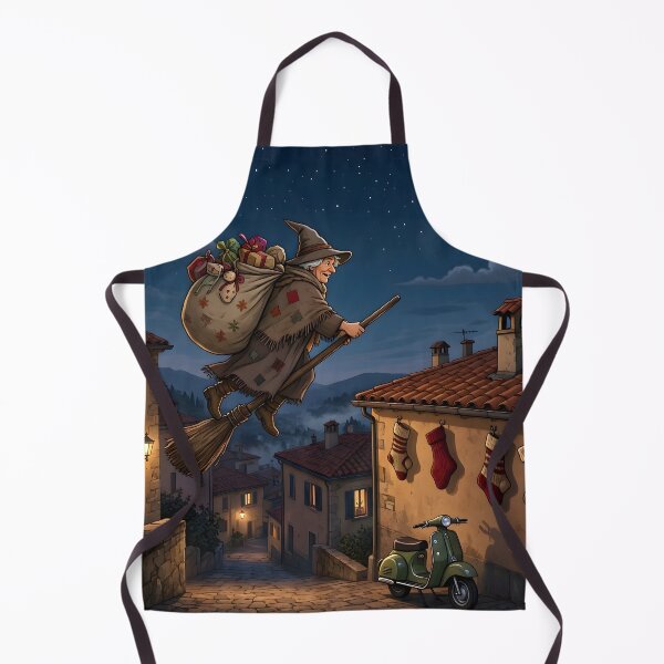 Item preview, La Befana Flying Over Italian Village Christmas Night designed and sold by Sybille-Yates.