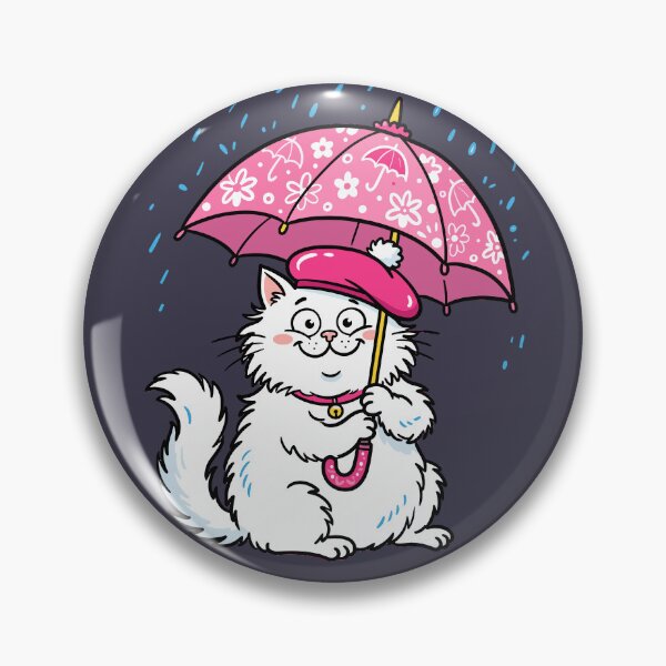 Item preview, White fluffy cat in a pink beret, holding an umbrella, stands in the rain, ideal for pet lover designs and greeting cards. designed and sold by ElegantOutlines.
