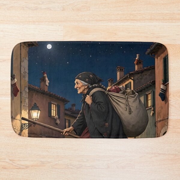 Item preview, La Befana Flying Over Italian Village Christmas Night designed and sold by Sybille-Yates.