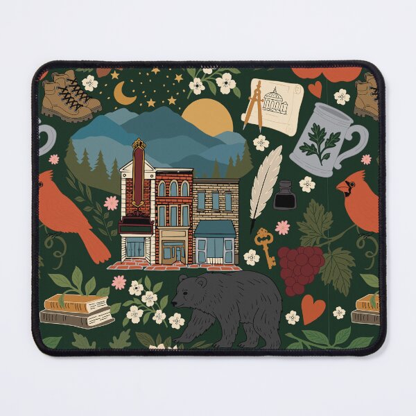Artikelvorschau, Charlottesville und die Blue Ridge Mountains | Illustration einer Bergstadt in Virginia entworfen und verkauft von wildridgestudio.