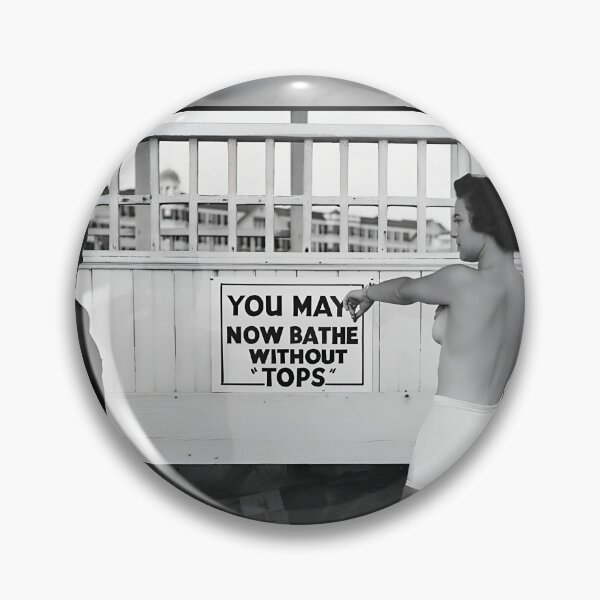 Item preview, Vintage hilarious "You May Now Bathe Topless" flabbergasted lifeguard topless beach funny black and white photograph designed and sold by Astrid Arkhangelsky.