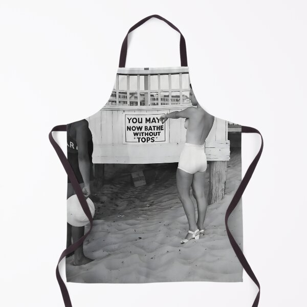 Item preview, Vintage hilarious "You May Now Bathe Topless" flabbergasted lifeguard topless beach funny black and white photograph designed and sold by Astrid Arkhangelsky.