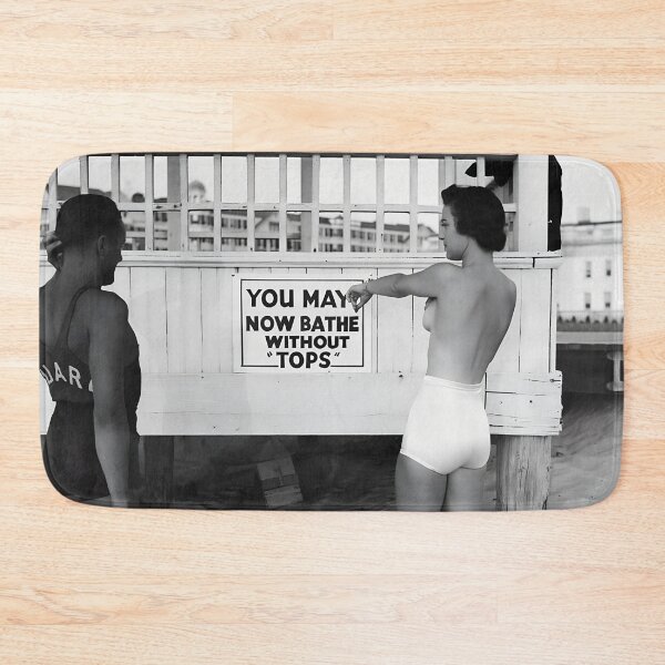 Item preview, Vintage hilarious "You May Now Bathe Topless" flabbergasted lifeguard topless beach funny black and white photograph designed and sold by Astrid Arkhangelsky.