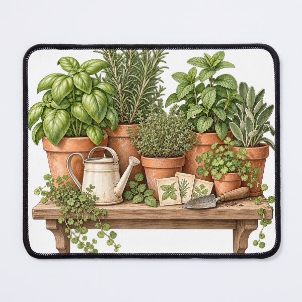 Artikelvorschau, Botanische Illustration eines Miniatur-Kräutergartens auf der Fensterbank entworfen und verkauft von Apex Designs.