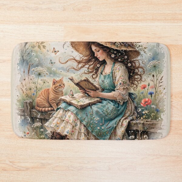 Item preview, Girl with a book and a kitten in a meadow designed and sold by MagelliShop.