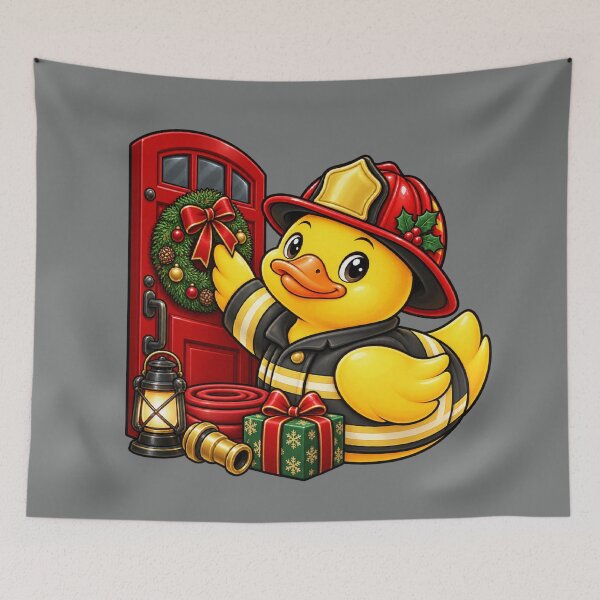 Item preview, Christmas Firefighter Duck Hanging a Holiday Wreath designed and sold by BROHLine Studio.