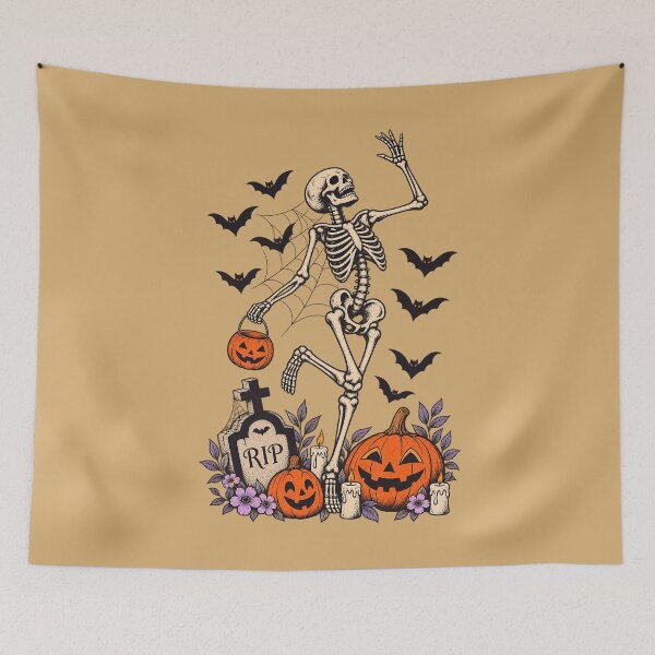 Item preview,  Waving Skeleton with Pumpkins and Purple Flowers – Vintage Halloween designed and sold by adarth.