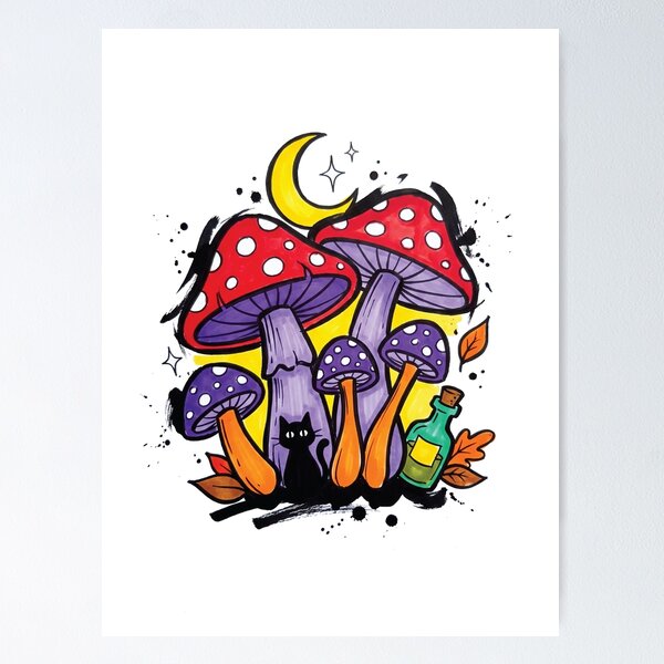 Item preview, Witchy Mushrooms Crescent Moon Black Cat Art designed and sold by Merch by Das Design Studio.
