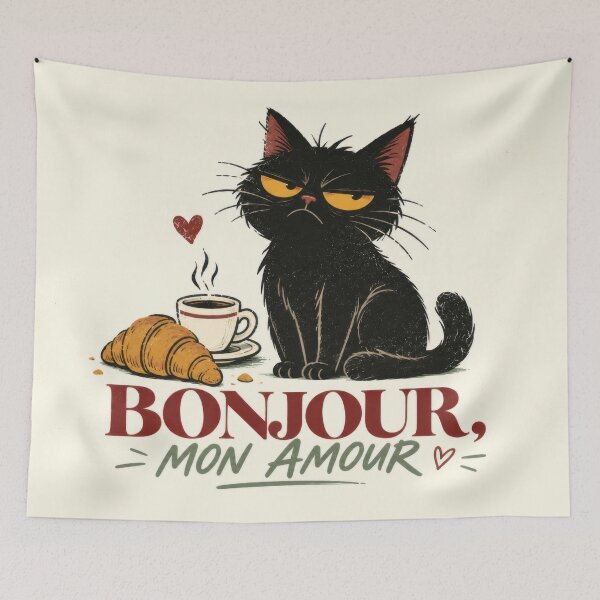 Item preview, Black cat with coffee and croissant designed and sold by anytka.