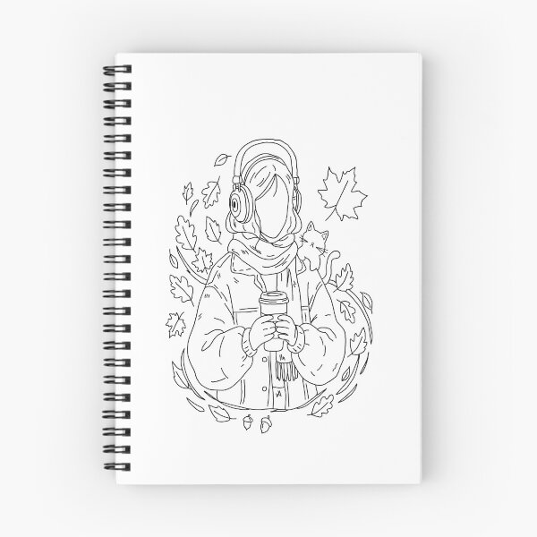 Item preview, Cozy Autumn Girl with Coffee and Cat, Lofi Headphones Fall Vibe Line Art Coloring Page designed and sold by polisi26.