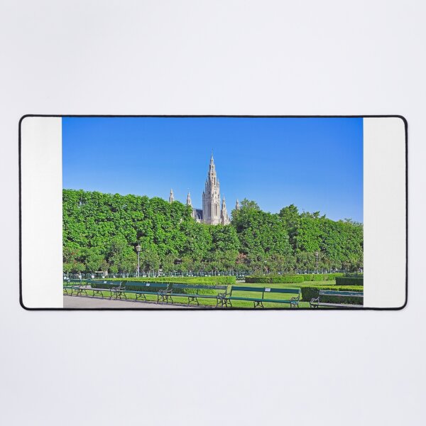 Item preview, Vienna Rathaus City Hall tower view from Volksgarten park with traditional green benches designed and sold by goceris.