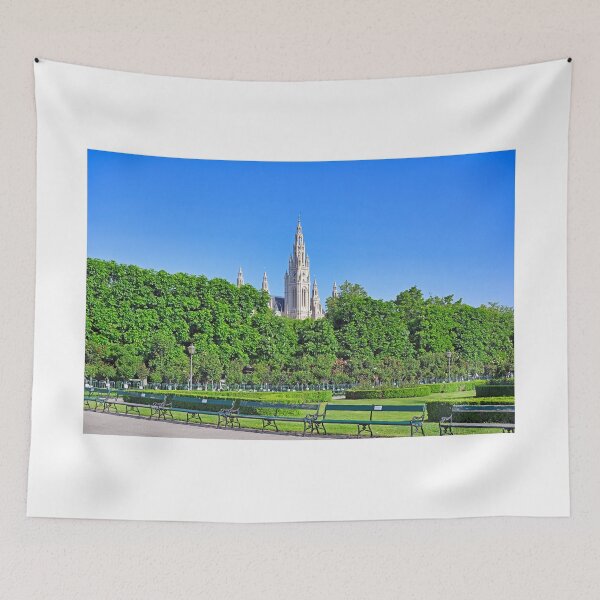 Item preview, Vienna Rathaus City Hall tower view from Volksgarten park with traditional green benches designed and sold by goceris.