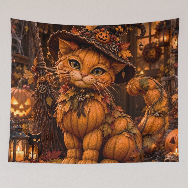 Item preview, A witch's pumpkin cat in the glow of Halloween lanterns. designed and sold by Elektra9.