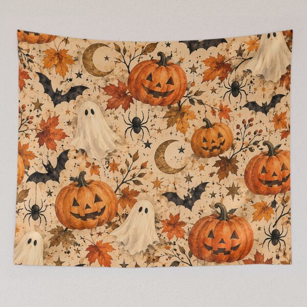 Item preview, Cottagecore Halloween Watercolour Pumpkins Ghosts Bats Pattern designed and sold by Jozefin's Studio.