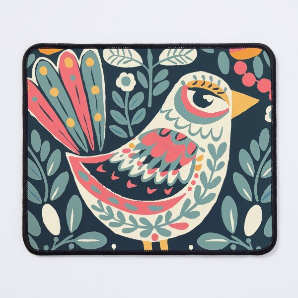 Item preview, Scandinavian Folk Art Bird Print with Flowers designed and sold by Filora Atelier | Bird Art.