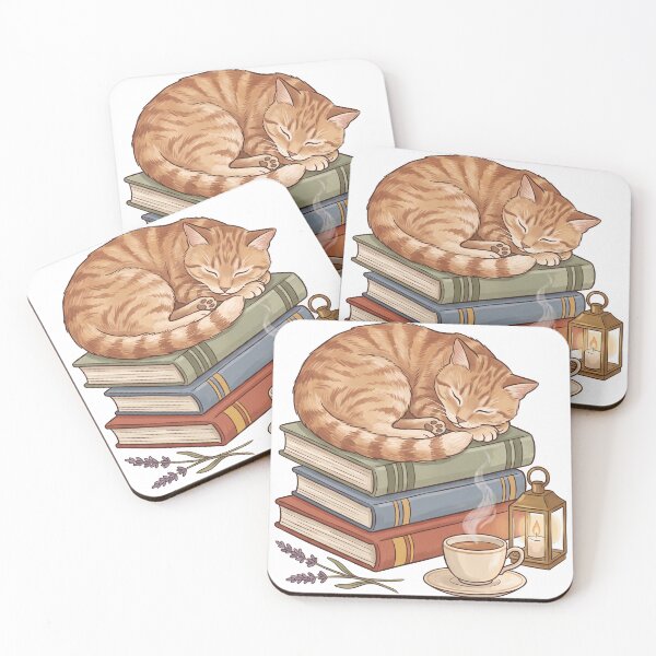Item preview, Cozy Ginger Cat Asleep on Books with Tea and Lantern designed and sold by Moti Vaknin.