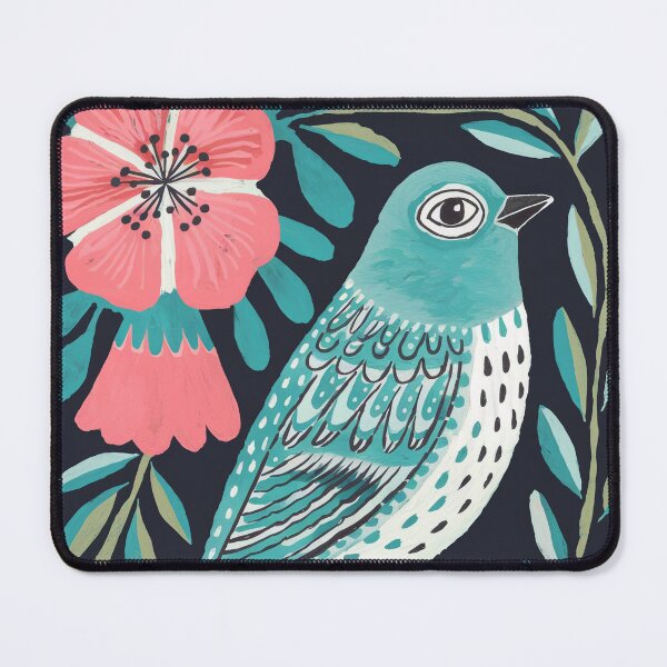 Item preview, Teal Bird Art Print | Botanical Folk Bird with Coral Flowers designed and sold by Filora Atelier | Bird Art.