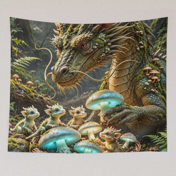 Item preview, Enchanted Forest Dragon Family with Baby Wyrms – Magical Woodland Fantasy Artwork designed and sold by DrakariArt.