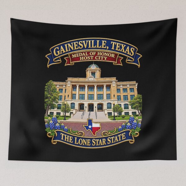 Aperçu de l'œuvre Gainesville, Texas - Ville hôte de la Médaille d'honneur - État de l'Étoile Solitaire - avec le palais de justice du comté de Cooke créée et vendue par Military Insignia Products.