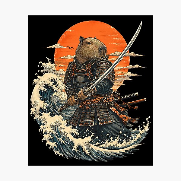 Aperçu de l'œuvre Guerrier capybara samouraï dans une vague japonaise créée et vendue par JesterKrewArt.