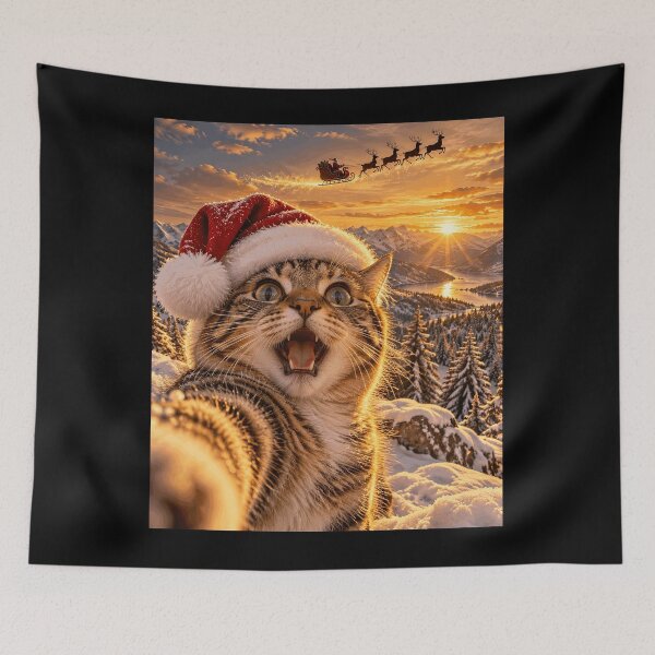 Item preview, Golden Hour Cat Selfie Flying Santa Sleigh Christmas designed and sold by Aqouiatiqe.