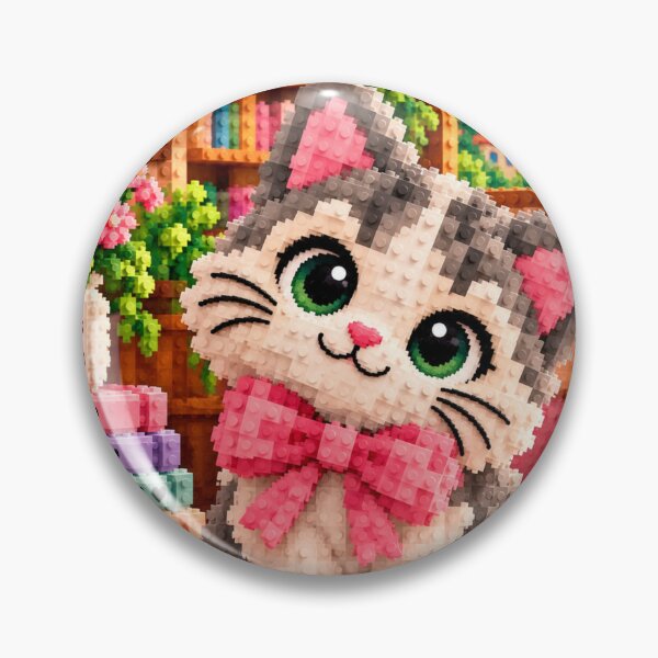 Item preview, Cute Cat with Pink Bow – Colorful Building Block Mosaic Art designed and sold by WildWhimsy Art.