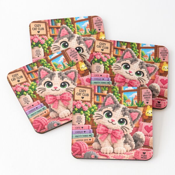 Item preview, Cute Cat with Pink Bow – Colorful Building Block Mosaic Art designed and sold by WildWhimsy Art.