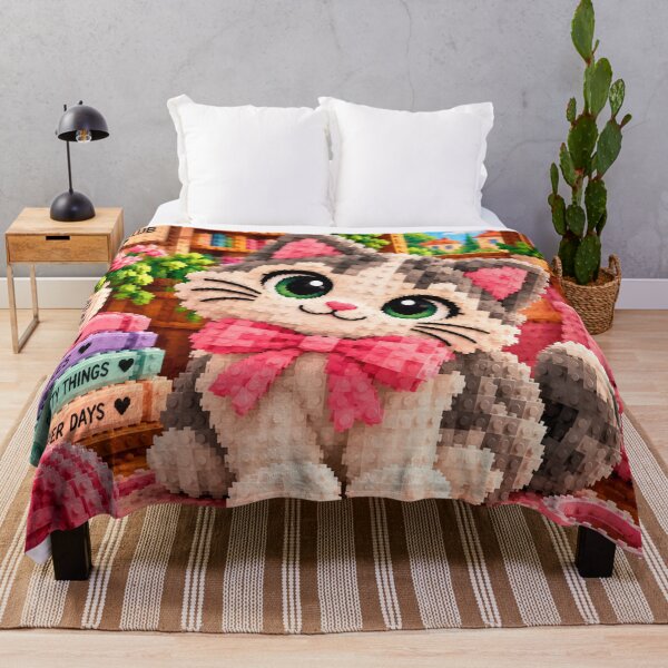 Item preview, Cute Cat with Pink Bow – Colorful Building Block Mosaic Art designed and sold by WildWhimsy Art.