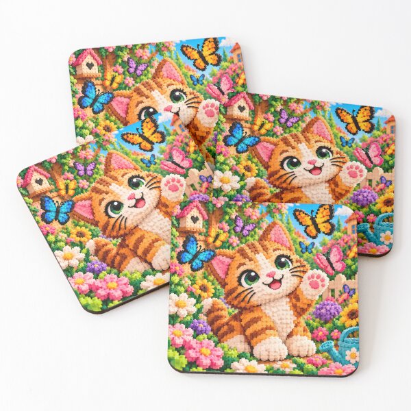 Item preview, Cute Cat with Butterflies – Colorful Building Block Garden Mosaic Art designed and sold by WildWhimsy Art.