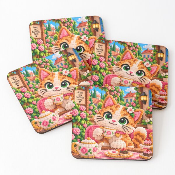 Item preview, Cute Cat Drinking Tea – Colorful Building Block Garden Mosaic Art designed and sold by WildWhimsy Art.