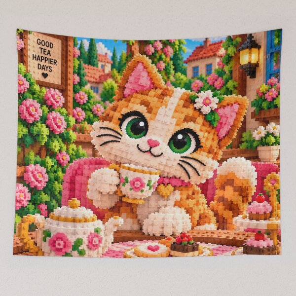 Item preview, Cute Cat Drinking Tea – Colorful Building Block Garden Mosaic Art designed and sold by WildWhimsy Art.