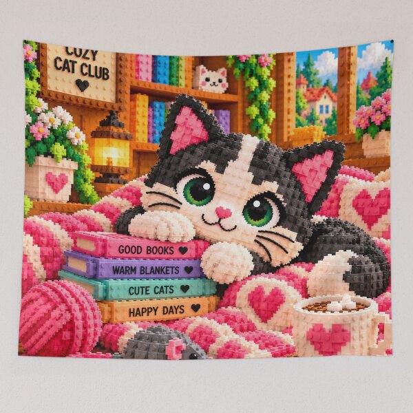 Item preview, Cozy Black and White Cat Reading – Colorful Building Block Mosaic Art designed and sold by WildWhimsy Art.
