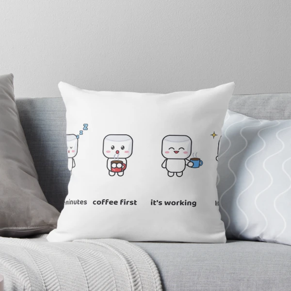Pip's Morning Routine - Funny Coffee Marshmallow Mug Design — Throw Pillow by BiMood