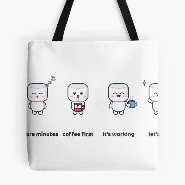 Pip's Morning Routine - Funny Coffee Marshmallow Mug Design — All Over Print Tote Bag by BiMood