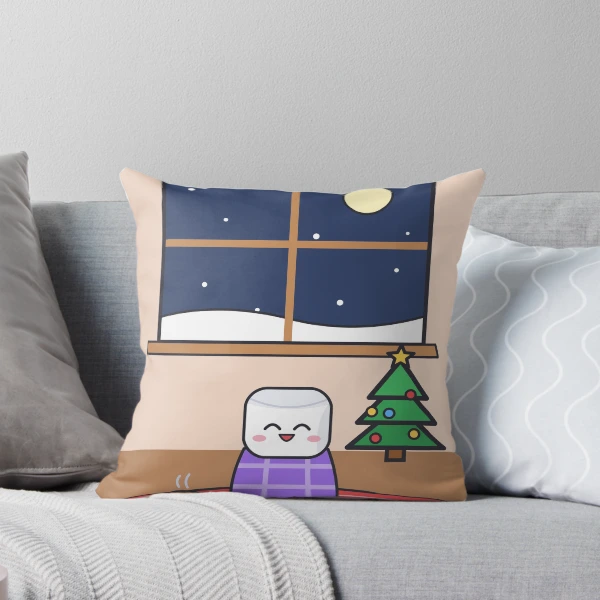 Cozy Night In - Pip Marshmallow by the Winter Window — Throw Pillow by BiMood