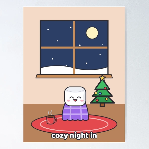 Cozy Night In - Pip Marshmallow by the Winter Window — Poster by BiMood