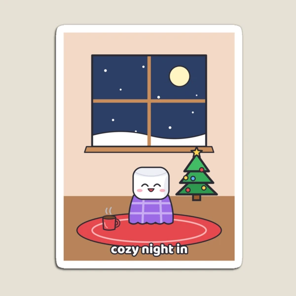 Cozy Night In - Pip Marshmallow by the Winter Window — Magnet by BiMood