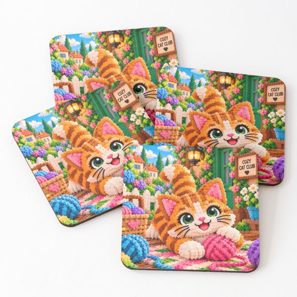 Item preview, Cute Cat Playing with Yarn – Colorful Building Block Mosaic Art designed and sold by WildWhimsy Art.