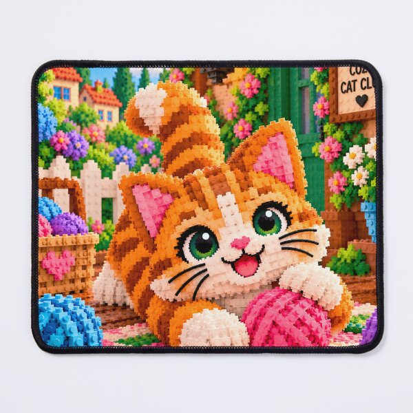 Item preview, Cute Cat Playing with Yarn – Colorful Building Block Mosaic Art designed and sold by WildWhimsy Art.