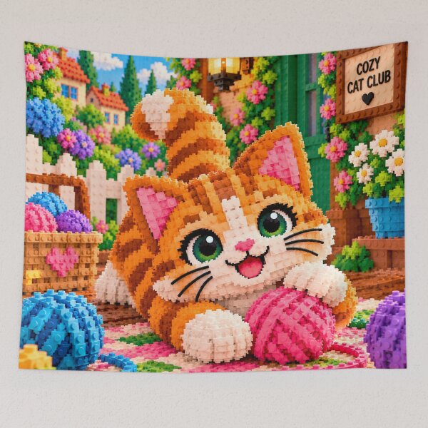 Item preview, Cute Cat Playing with Yarn – Colorful Building Block Mosaic Art designed and sold by WildWhimsy Art.