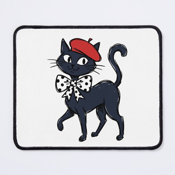 Item preview, Silhouette of a black cat in a red beret and polka dot bow tie, suitable for greeting cards and fashion apparel designs. designed and sold by ElegantOutlines.