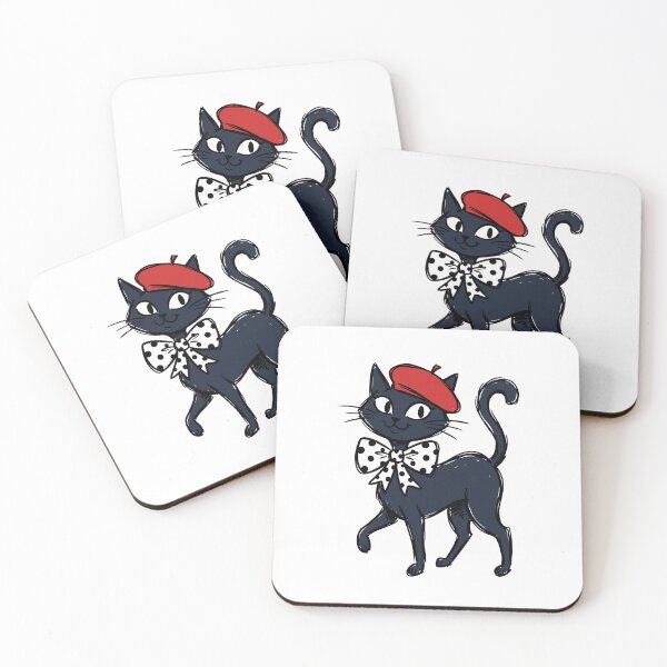 Item preview, Silhouette of a black cat in a red beret and polka dot bow tie, suitable for greeting cards and fashion apparel designs. designed and sold by ElegantOutlines.