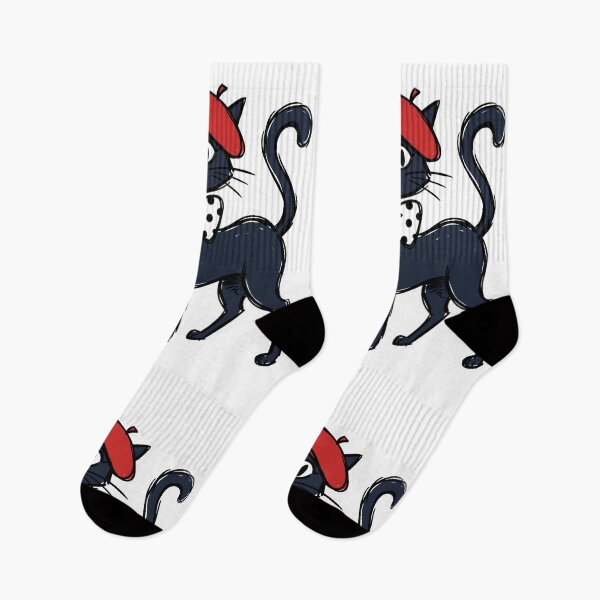 Item preview, Silhouette of a black cat in a red beret and polka dot bow tie, suitable for greeting cards and fashion apparel designs. designed and sold by ElegantOutlines.