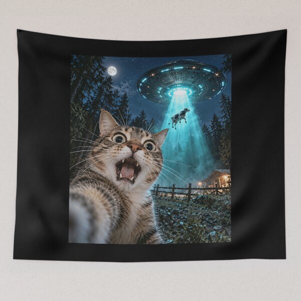 Item preview, Shocked Cat UFO Cow Abduction Selfie Farm Night Sky Art designed and sold by chem3a-wst.