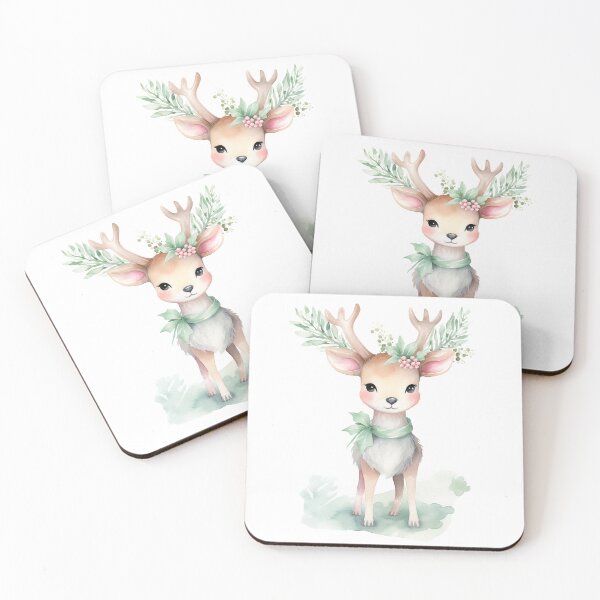 Artikelvorschau, Aquarell-Weihnachts-Hirsche mit Schleifen und Geschenken entworfen und verkauft von Feeling Artsy.