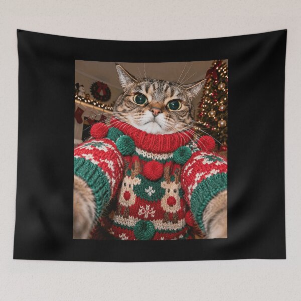 Item preview, Cat in Ugly Christmas Sweater Funny Deadpan Selfie designed and sold by yassin-stags.