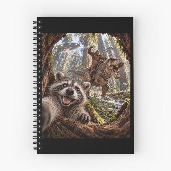 Item preview, Redwood Forest Raccoon Selfie Bigfoot Riding Trex UFO Tree designed and sold by chem3a-wst.