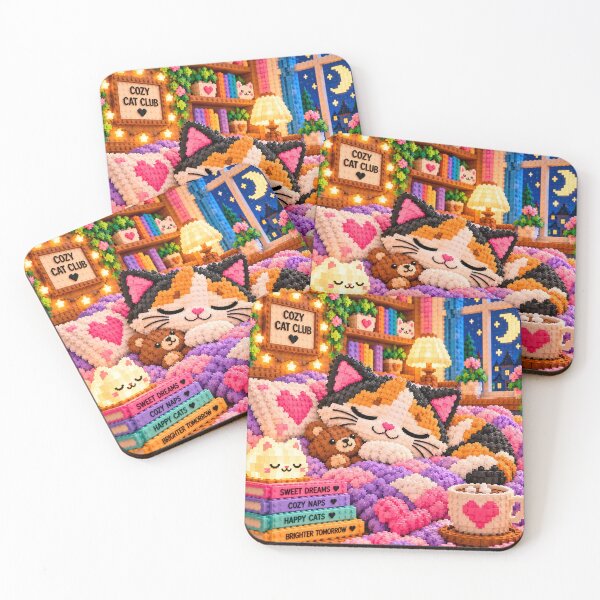 Item preview, Sleeping Cat with Teddy Bear – Cozy Building Block Mosaic Art designed and sold by WildWhimsy Art.