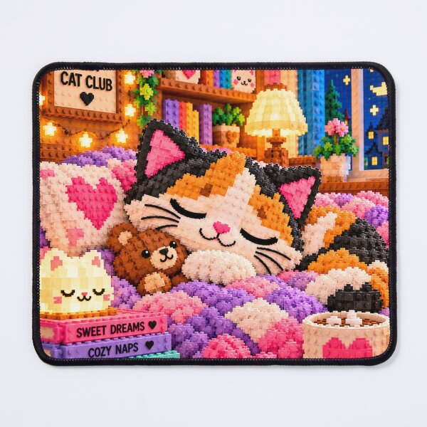 Item preview, Sleeping Cat with Teddy Bear – Cozy Building Block Mosaic Art designed and sold by WildWhimsy Art.
